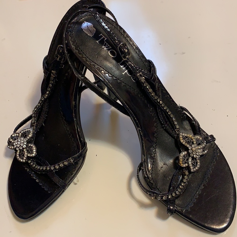 Y2K TWO LIPS STRAPPY HEELS SZ 7 BLACK RHINESTONES DECOR FLORAL BUTTERFLIES
